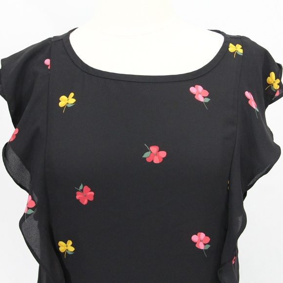 Loft Floral Shirt Small Ruffle Top Black - Picture 3 of 7